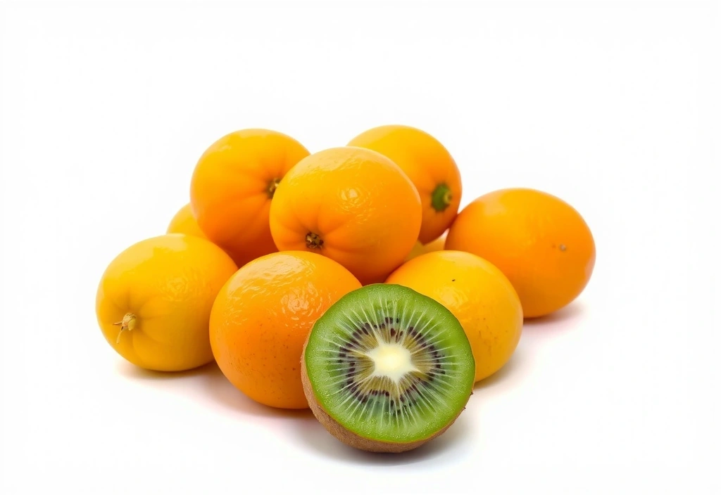 Imagine cu portocale proaspete și o felie de kiwi, evidențiind vitamina C