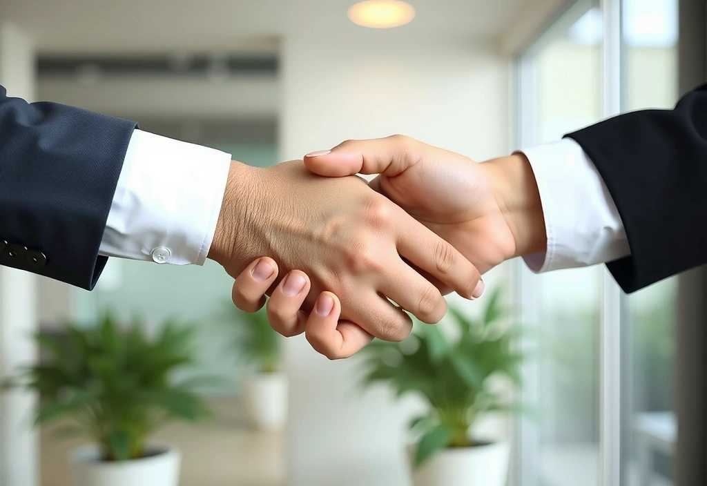 Imagine stilizată cu două mâini care se strâng, simbolizând parteneriatul și colaborarea.