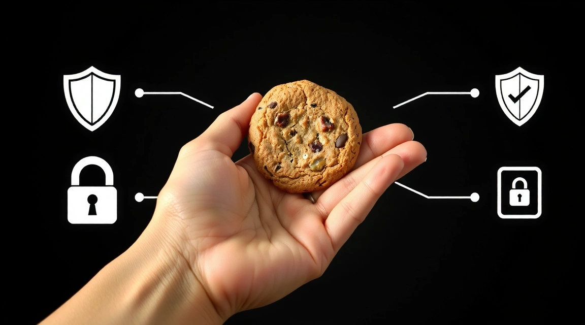 Ilustrație cu o mână care ține un cookie digital și simboluri de confidențialitate