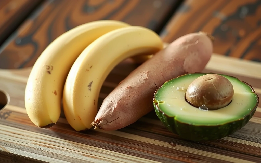 Bananas, sweet potatoes, and avocados on a cutting board, representing potassium-rich foods.