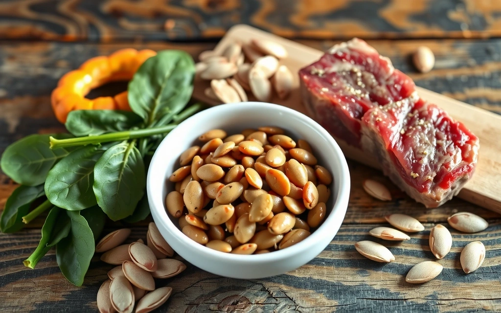 Red meat, lentils, and spinach on a wooden table, representing iron-rich foods.