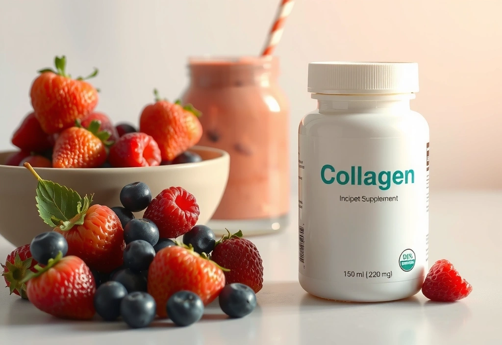 Imagine cu un recipient de colagen și fructe de pădure.